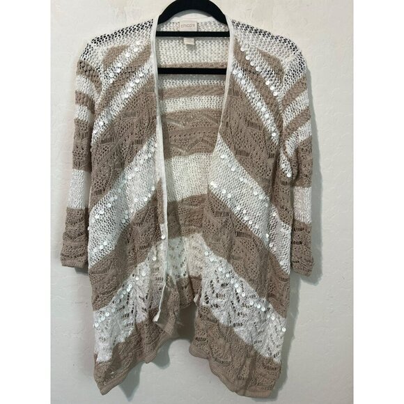 Chico's Sz 2 (US L 12) Open Front Knit Cardigan Beige White Stripe Sequin Detail - Picture 2 of 7